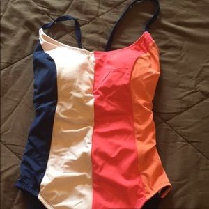 Multi-colored, striped, one-piece swimsuit